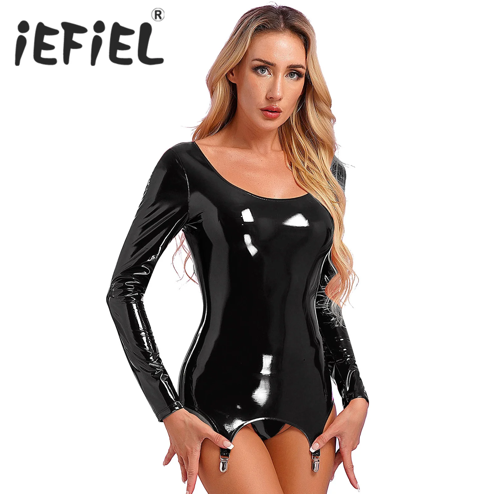 

Womens Glossy Mini Dress Patent Leather Bodycon Dress with Garter Clips Long Sleeve Back Zipper Exotic Dress for Clubwear Party