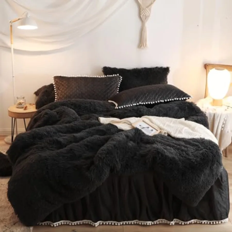 

Fluffy Comforter Cover Size Set Soft Furry Plush Bedding Size 3 Pieces 1 Fuzzy Duvet Cover + 2 Faux Fur Pillow Cases Fluffy Bed