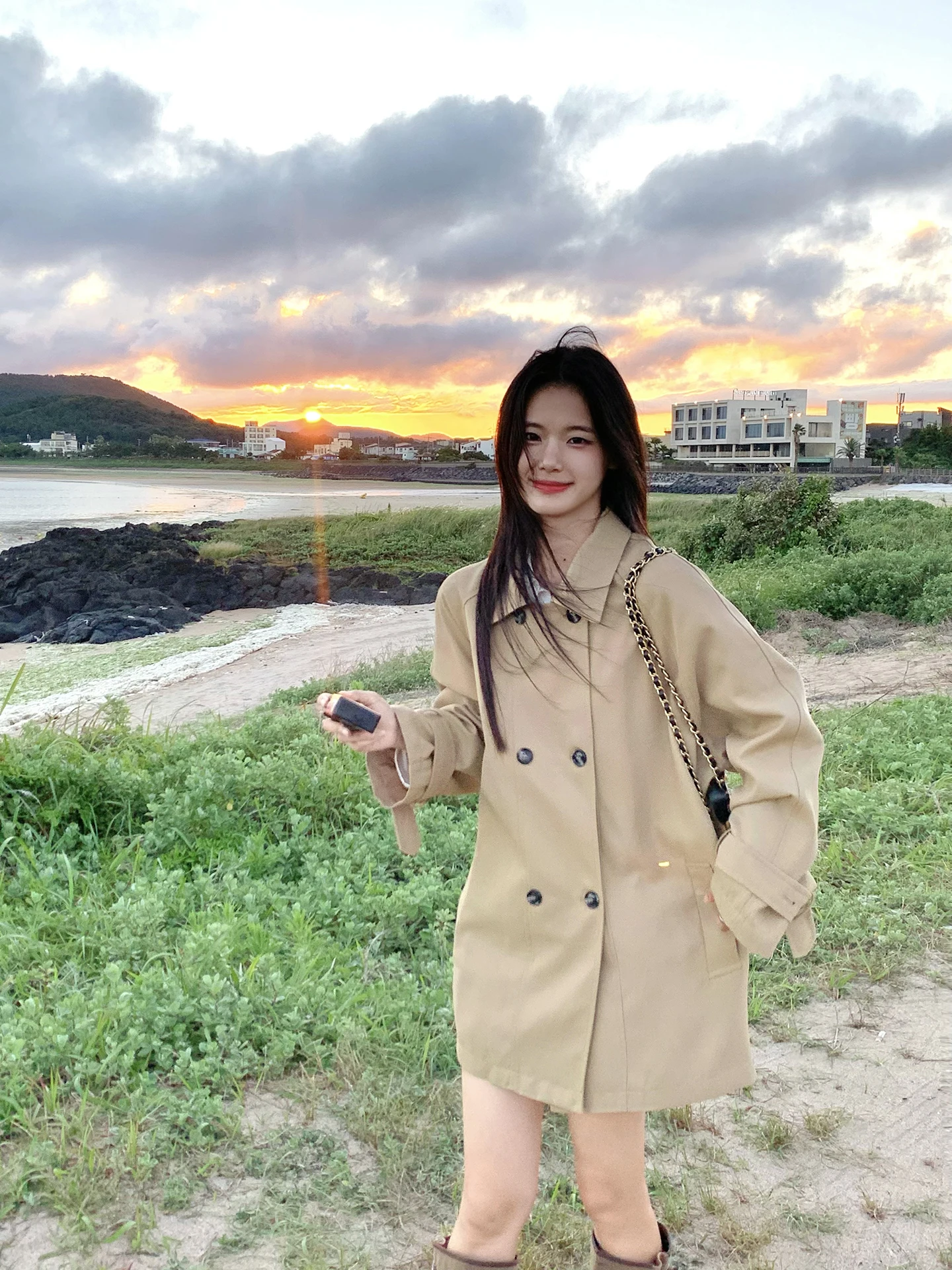 

Double-Row Button Casual Coat for Women Loose Fit Mid-Length Autumn Winter Outerwear Polyester Fiber Commute Sle ort Coat