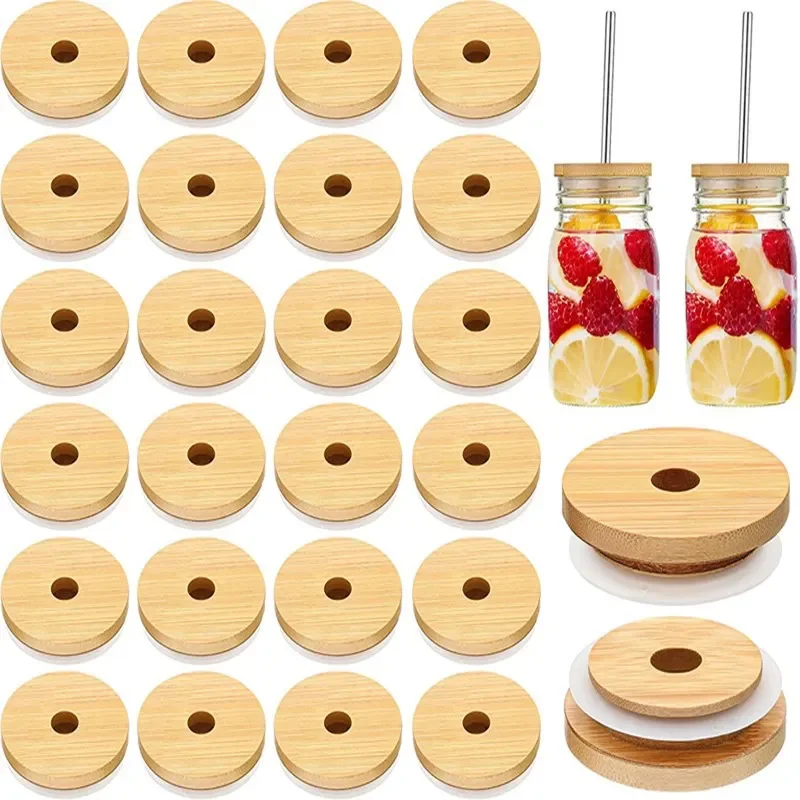 

Wide Mouth Cup Caps Silicone Sealing Wooden Covers Reusable Storage Glass Canning Bamboo Mason Jar Lids with Straw Hole