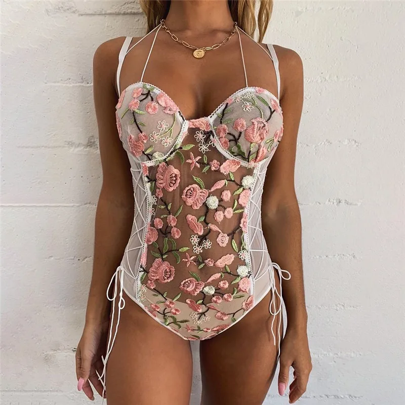 Embroidered Women\'s Lace One-piece Bodysuit Underwear with Spaghetti Strap Open Back Sexy Girl Bra Set Temptation Onesie