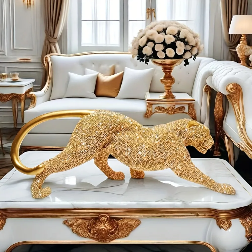 Resin Bead Art Golden Panther Sculpture Diamond‑encrusted Leopard Sculptur Animal Statue Luxury Ornament Home Decoration Gift