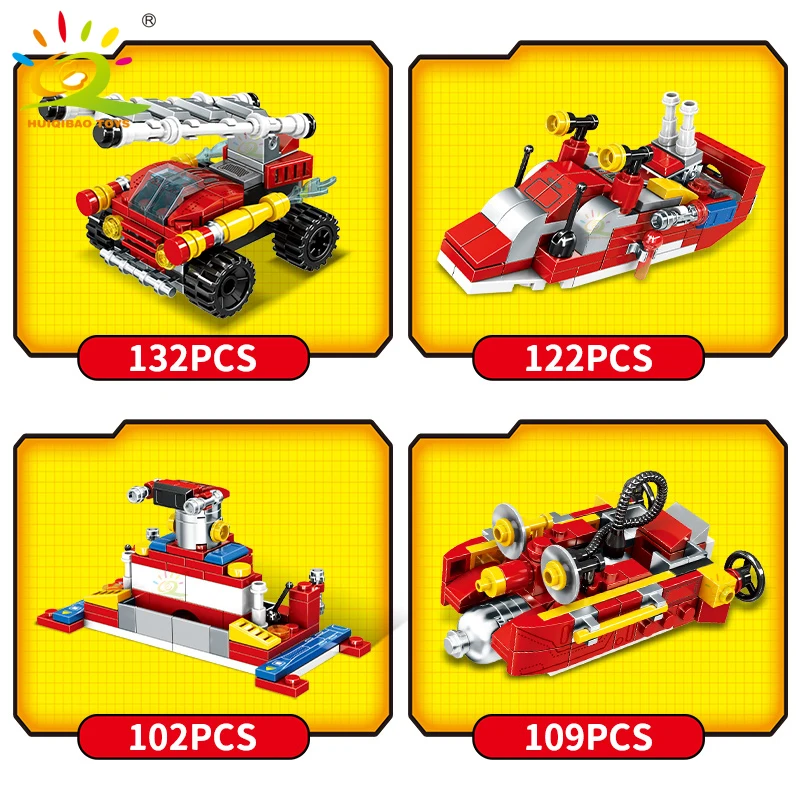 HUIQIBAO City Fire Truck Model Building Blocks Firefighting Set Fireman Figures Bricks City Construction Toy for Children Gift