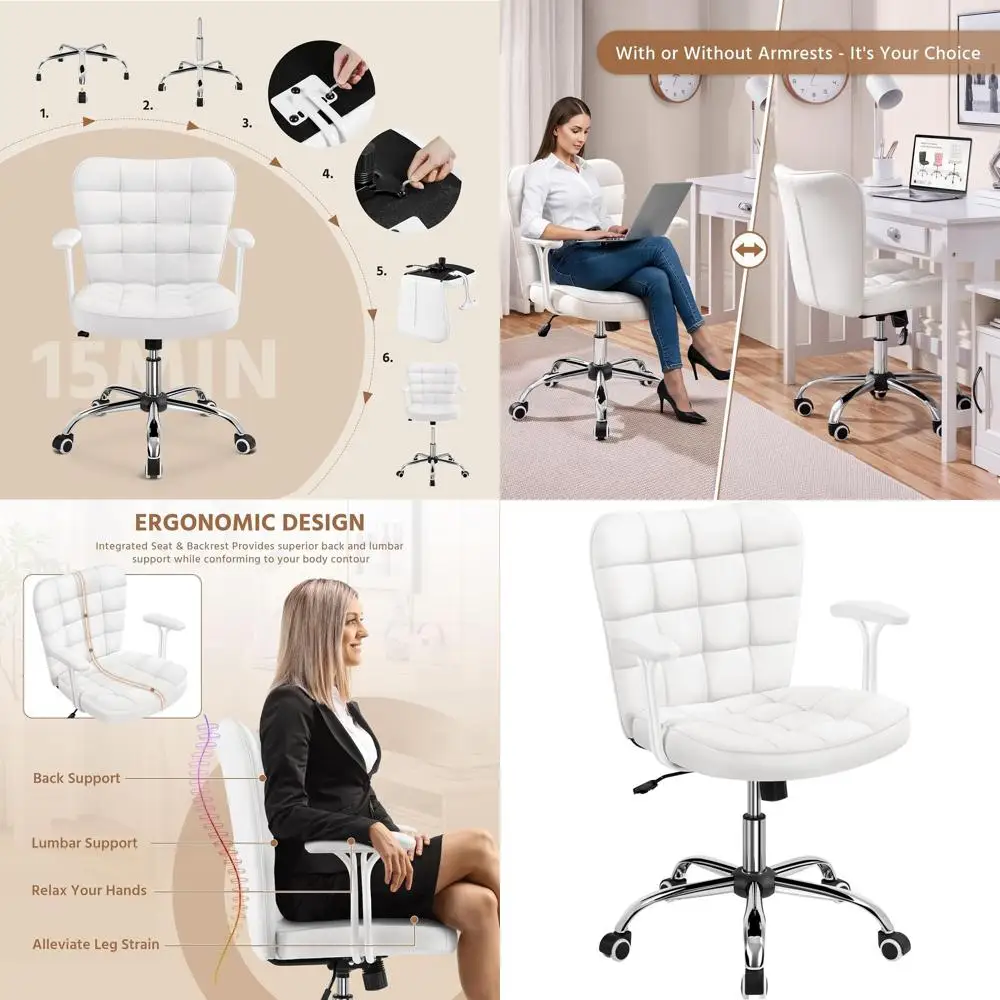 

Modern Upholstered Adjustable Swivel Office Chair with Padded Armrests, White