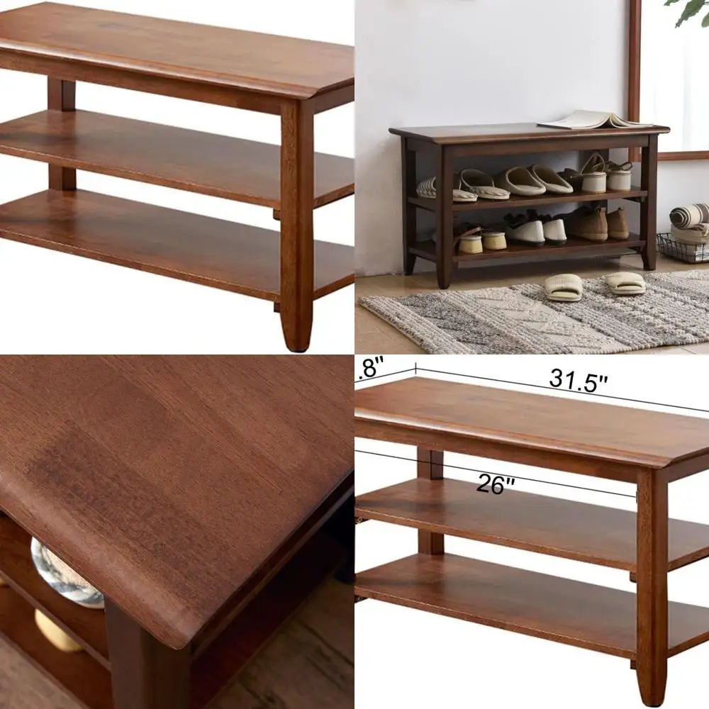 Rustic Wooden Shoe Rack Bench, Solid Brown Entryway Storage, 31.5