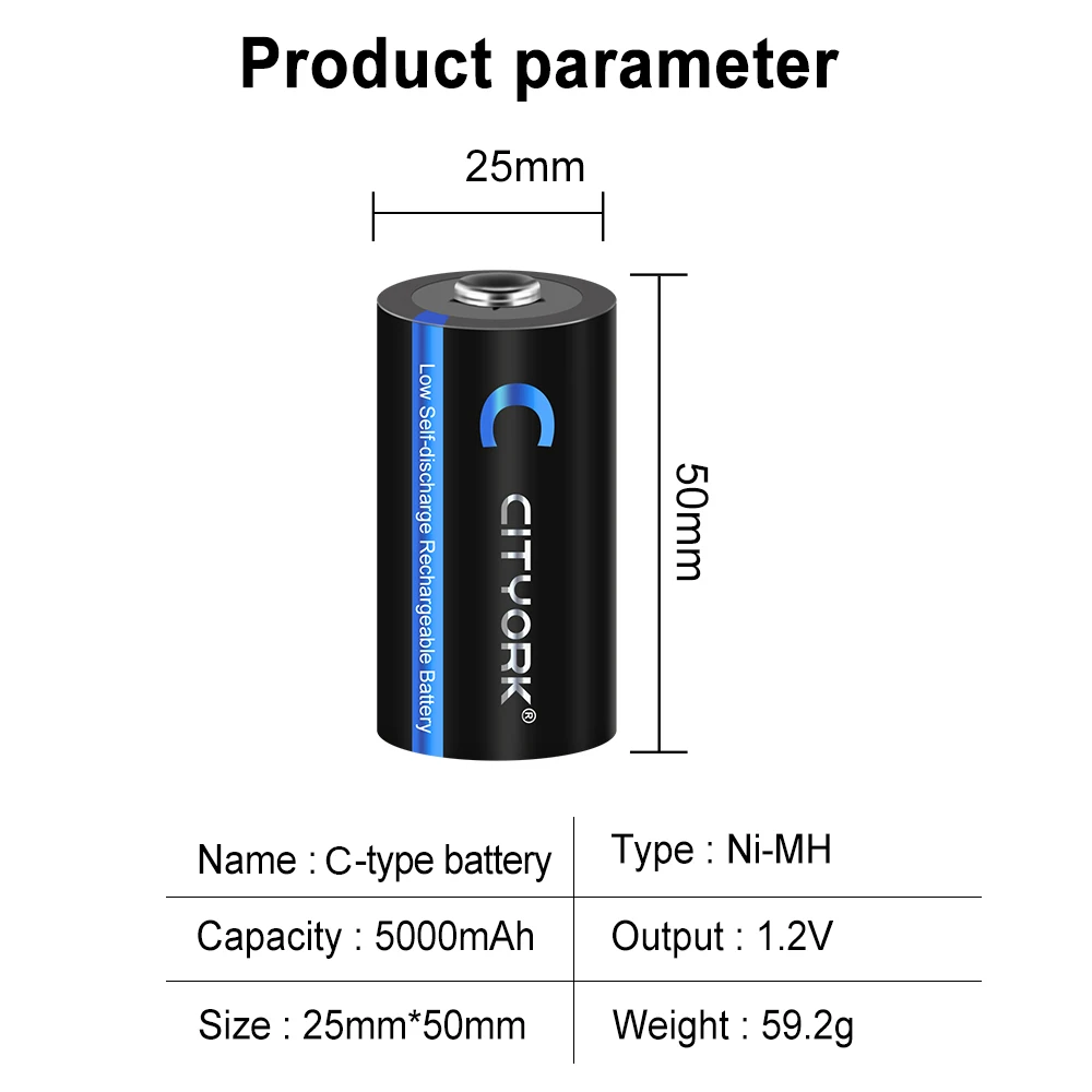 CITYORK 1.2V 5000mAh rechargeable battery C size nimh R14 C Cell Rechargeable Battery C Batteries for Flashlight