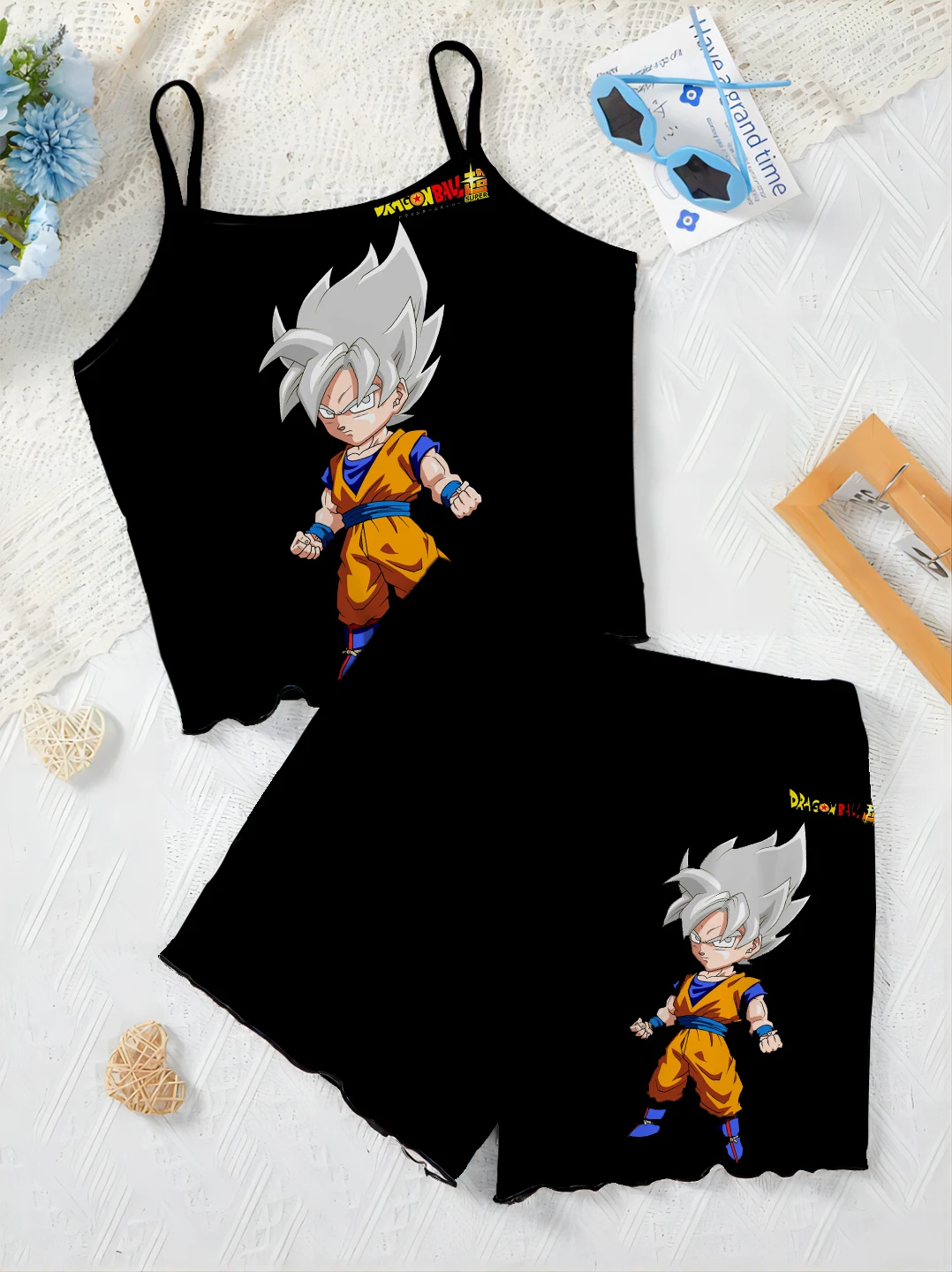 Elegant Women's Sets Slip Dress Top Two Piece Set T-shirt Son Goku Pajama Skirt Dragon Ball Lettuce Trim Pieces Short Suit Home