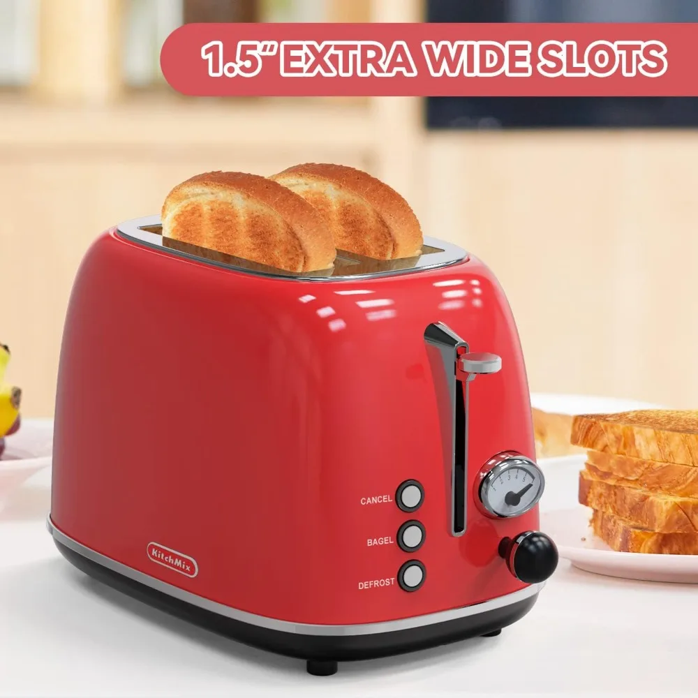 

2 slice Retro Stainless Steel Toaster w/6 Settings, 1.5In Extra Wide Slots, Bagel/Defrost/Cancel Function, Removable Crumb Tray