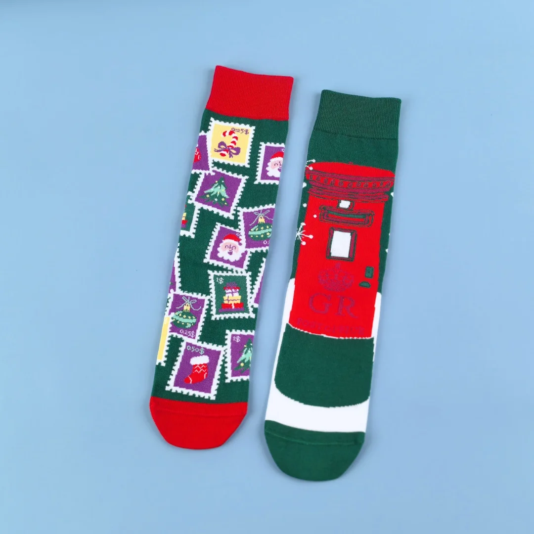 1 paar kerstzegels en vintage brievenbussen, kerstzegels en vintage Ma halfhoge sokken voor unisex, feestelijke thema-outfits