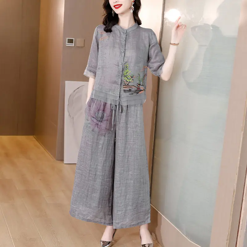 Trung Quốc Phong Cách Áo Khoác Cotton Và Vải Lanh Áo Sơ Mi Hai Mảnh Phù Hợp Với Mùa Hè Mỏng Mẹ Linen Thời Trang Quần Ống Rộng bộ H1959