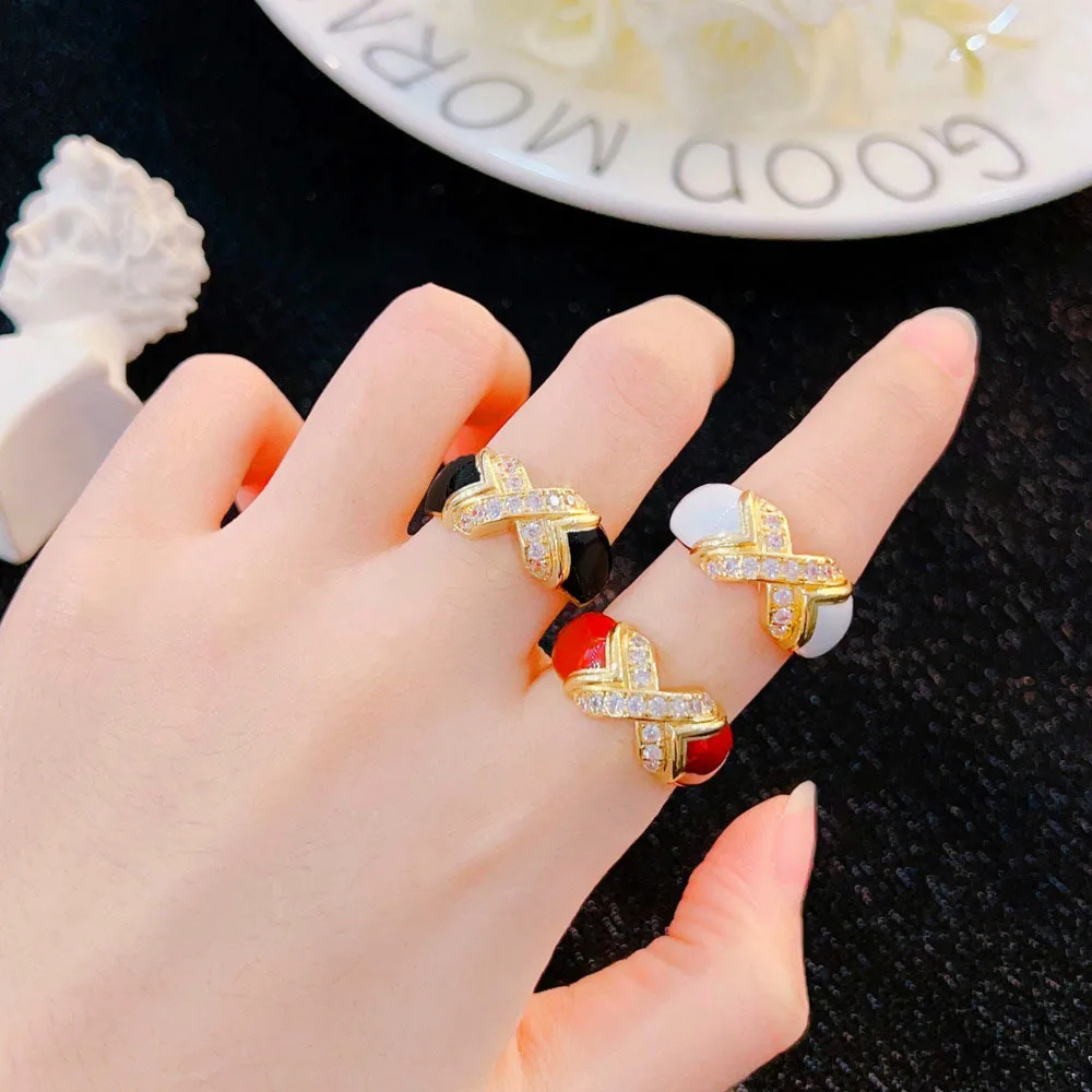 WOSIKATE Vintage Luxury Drip Glaze Cross Design Exquisite Zirconia Gemstone Ring For Women Fashion Jewellery Open Cocktail Ring