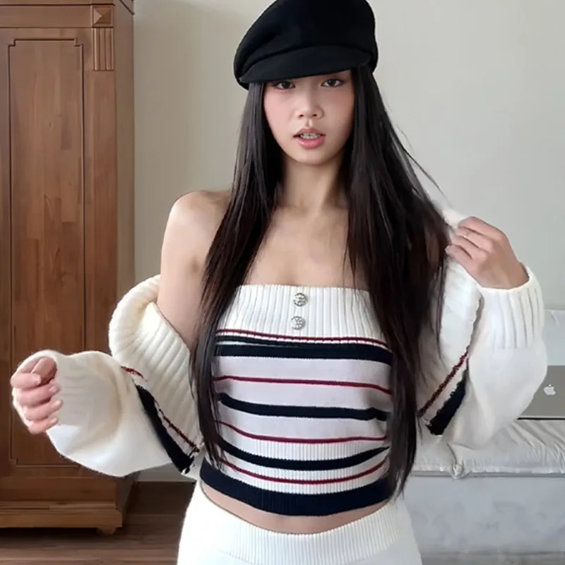 Knitted Two-Piece Set Women's Autumn Winter Open Cardigan Sweater with Big Collar Strapless Stripe Pattern Top