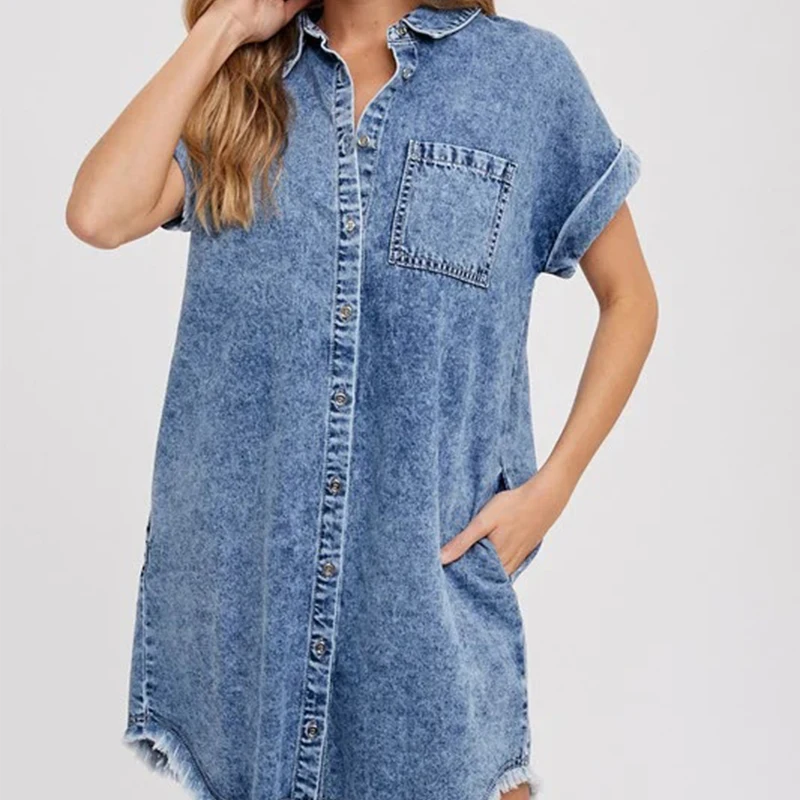 فستان قميص قصير أنيق للسيدات صيفي من قماش الدنيم فستان أزرق بأكمام قصيرة فستان صيفي بأزرار فساتين فضفاضة غير رسمية للسيدات فيستدوس بارا موجر