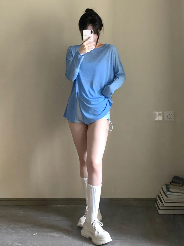 Women's Loose Long Sleeves Side Slit Smock Quick Drying Breathable Comfortable Running Fitness Outdoor Leisure Yoga Exercise Top