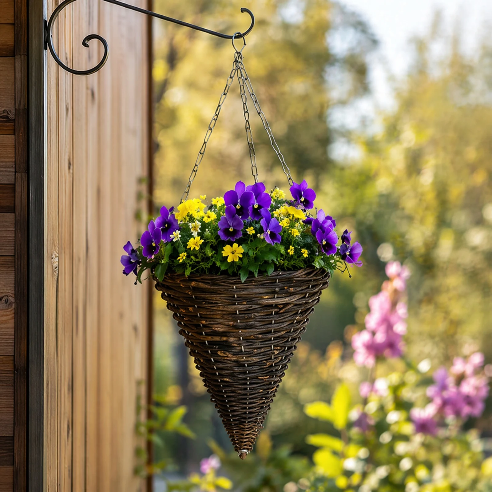 2Pcs Rattan Woven Planter with Hook and Liner Rustic Cone Hanging Flower Basket Rustic Conical Plant Basket for Indoor Outdoor