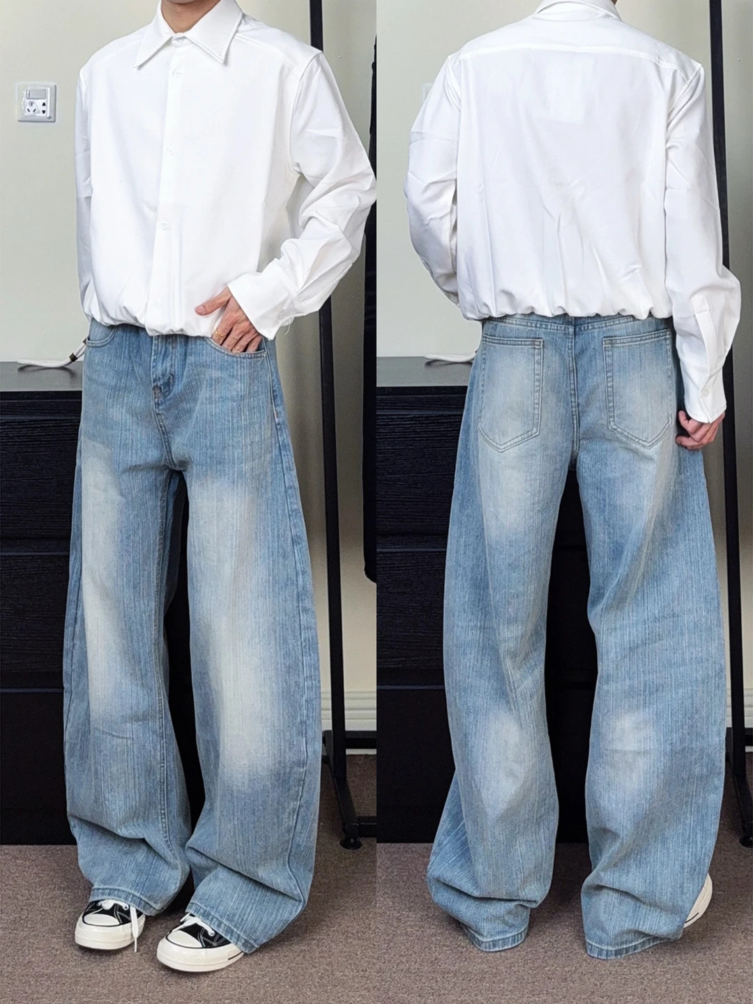 

Light Blue High Waist Wide Leg Men's Jeans Winter Wearable Waed Knife Bamboo Node Pattern Cleanfit Flared Pants