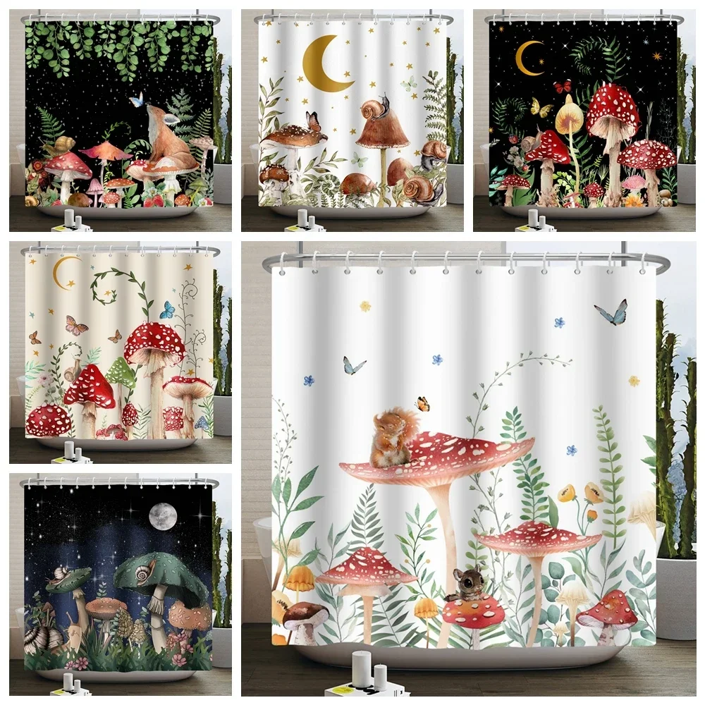 

Mushroom Shower Curtain Flower Green Leaf Plant Forest Butterfly Botanical Floral Squirrel Aesthetic Waterproof Bathroom Curtain