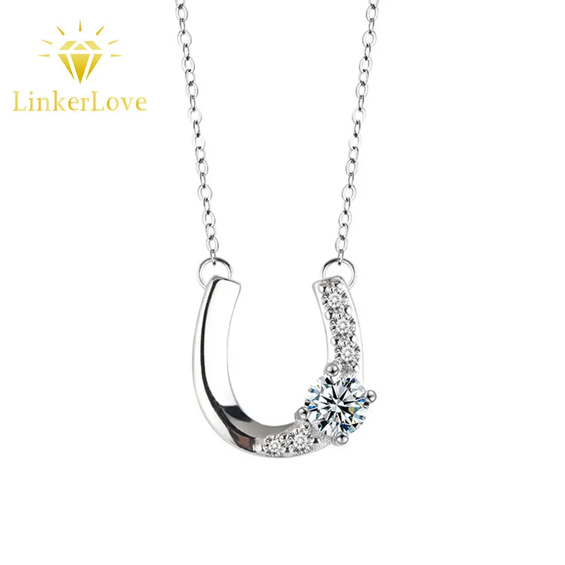 

LinkerLove S925 Silver 0.5CT Moissanite Horseshoe Pendant Necklace for Women White Gold Plated Clavicle Chain Fine Jewelry Gift