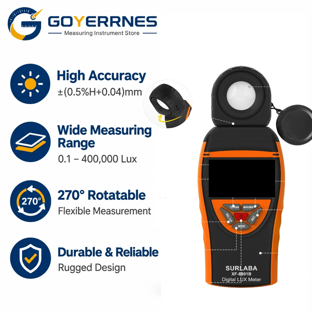 Digital Lux Meter Light Tester Illuminance Gauge 400000 Lux 0.1 Resolution Temp for Factory Photography Office