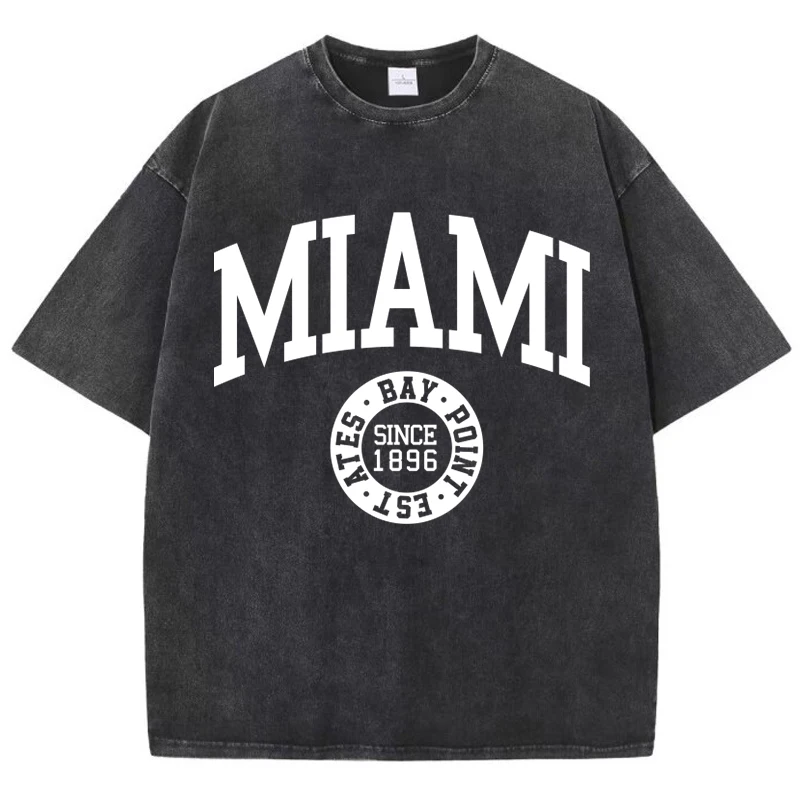 

Women'S Cotton Washed T-Shirts Trend O-Neck Distressed Tee Shirts Miami Usa Printed Short Sleeve Summer Street Female Clothes