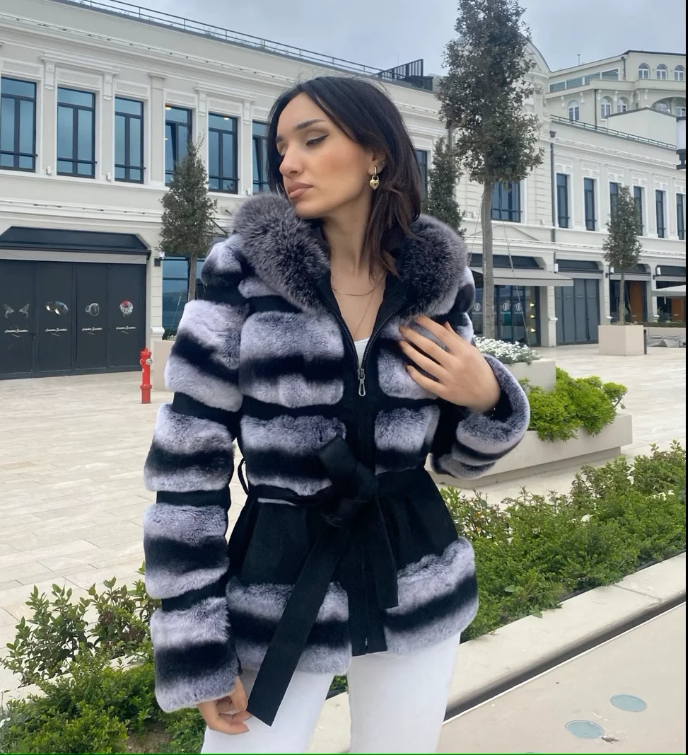 Real Rabbit Fur Coat for Women, 100% Real Rabbit Fur, Monochrome Color Hood, Thickened Warm with Zipper Design, New, Winter, 202