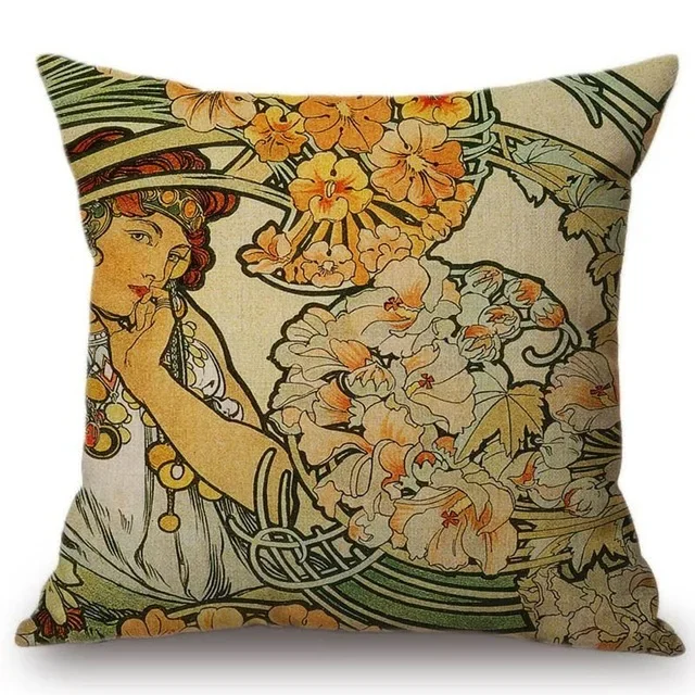 Vintage European Cushion Cover Art Nouveau Mucha Gallery Cushion Case Home Decorative Beautiful Girl Pattern Linen Pillowcase