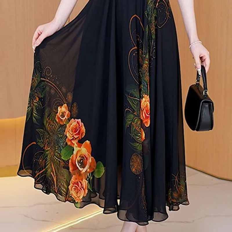 Summer V-neck High Street Short Sleeve Maxi Dress Women High Street Casual Loose High Waist Dresses Elegance Printing Vestidos