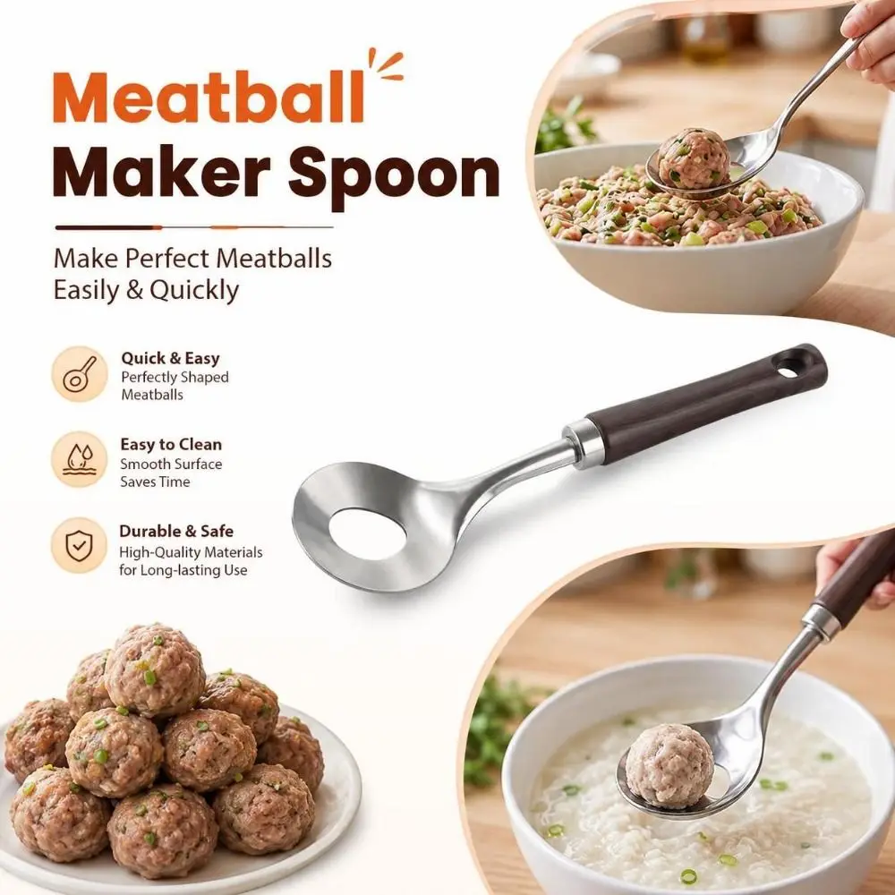 Stainless Steel Meatball Maker Spoon Wood Grain Handle Round Spoon Head Meatball Scoop Hanging Hole Meatball Portioning Tool