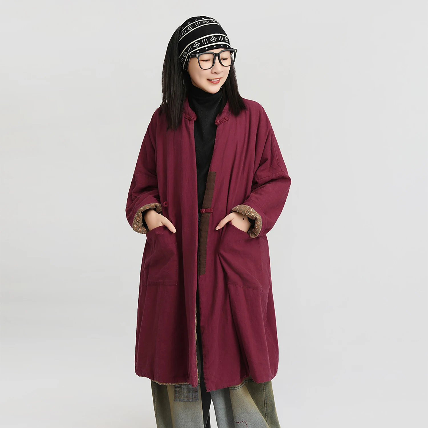 LZJN المرأة الشتاء بلون القطن الكتان خمر Arty فضفاض منتصف طول مبطن الوقوف طوق الضفدع زر معطف الموضة الدافئة #1