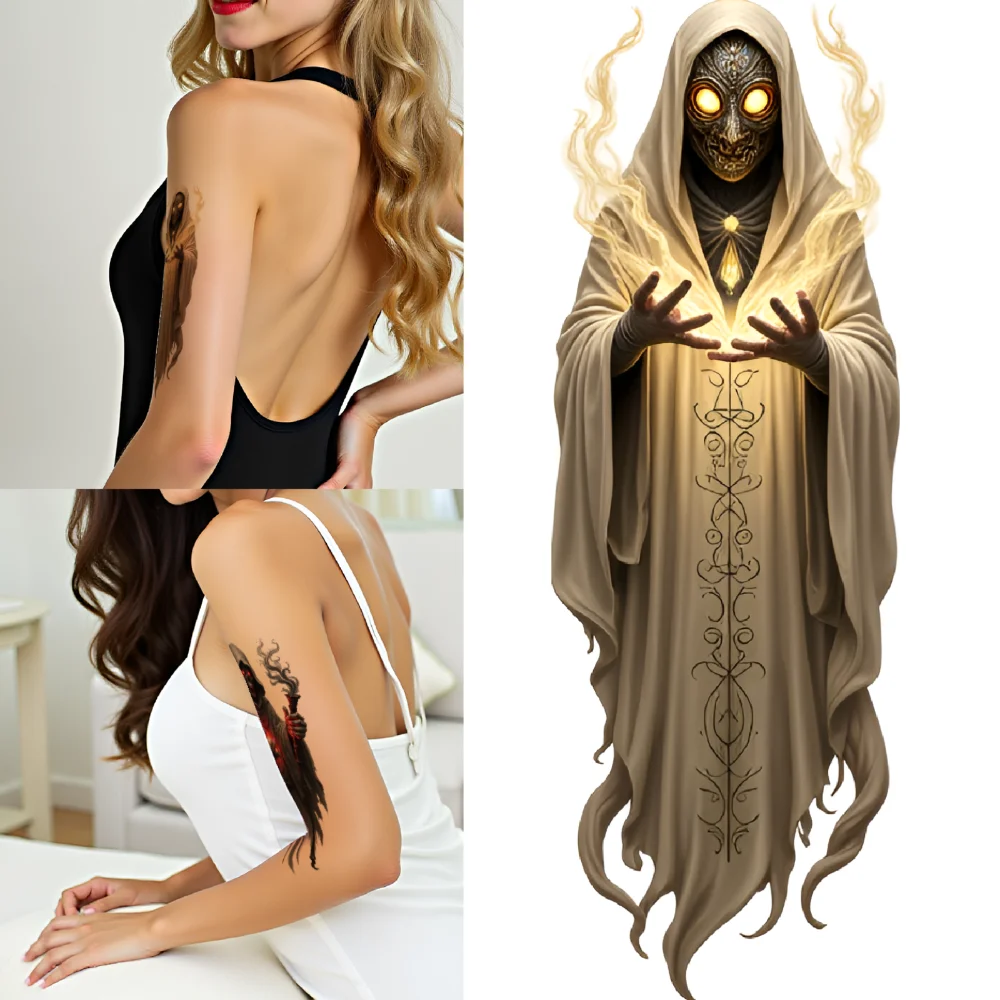 

3pcs Temporary Tattoo Glowing Staff Realistic Temporary Tattoos Dark Robe Green Aura Colorful Realism Red Cloak For Adults