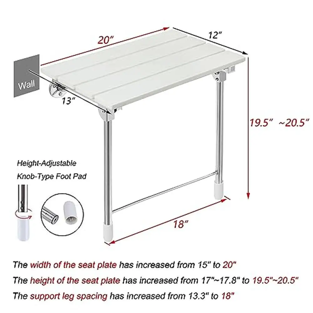 Настенное складное сиденье для душа шириной 20 дюймов, высота 19,5 дюймов, ножки из нержавеющей стали 304, водонепроницаемое нескользящее сиденье из дерева и пластика