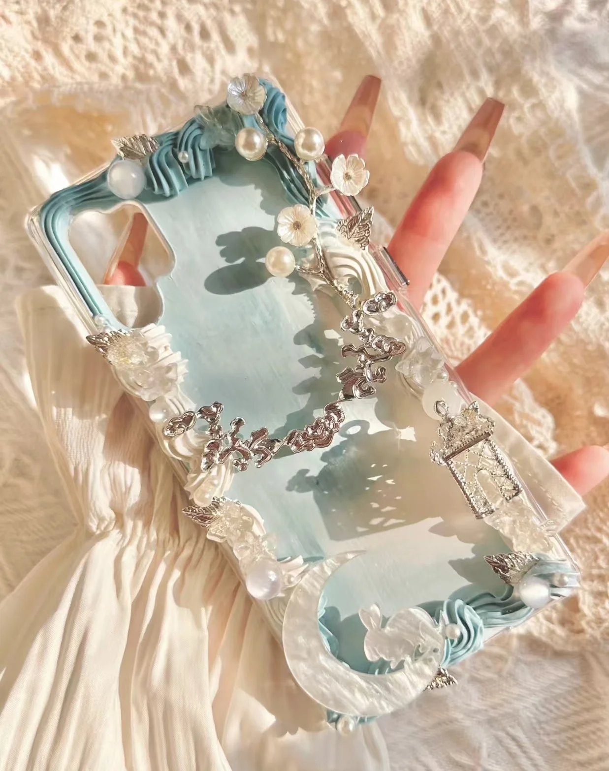 

Handmade case For Samsung s25 ultra 3D Chinese Style Galaxy 22 S23 s24 phone shell s20FE creamy cover blue bling customized gift