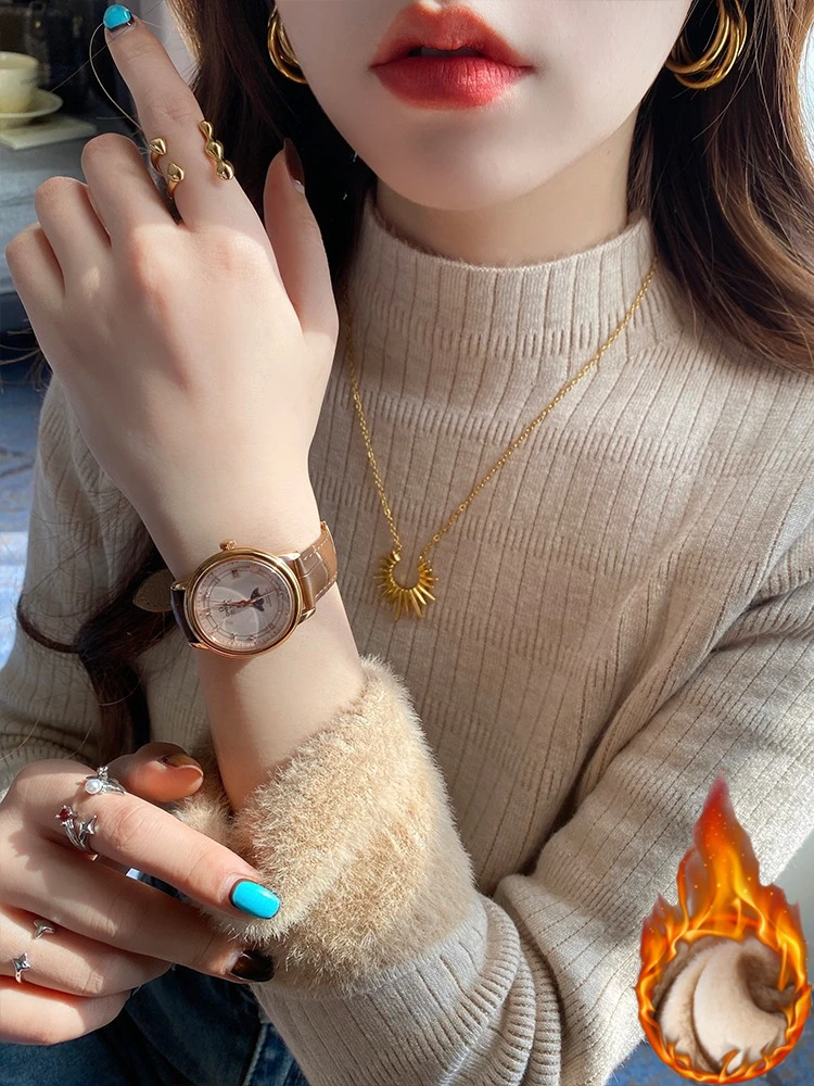 Autumn Winter Turtleneck Sweater Women Elegant Thicken Velvet Lined Warm Sueter Fleece Knitted Pullover Slim Knitwear Jumper