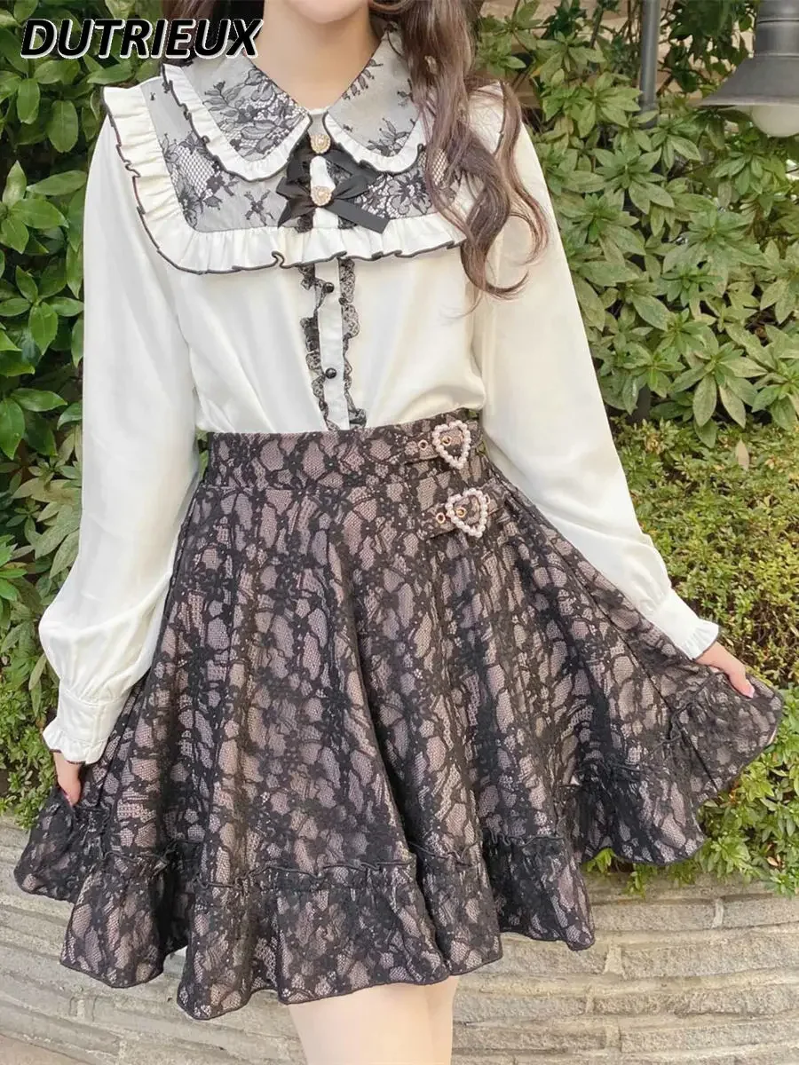 Japanese Single Rojita Skirt Girl Heart-Shaped Buckle Skirts Autumn New Full Lace Lace-up Pleated High Waist Sweet Lolita Skirt