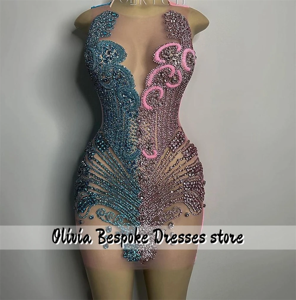 Unique Turquoise And Pink Prom Dresses Beaded Rhinestones Baddie Dress For Birthday Black Girls Mini Cocktail Party Gowns