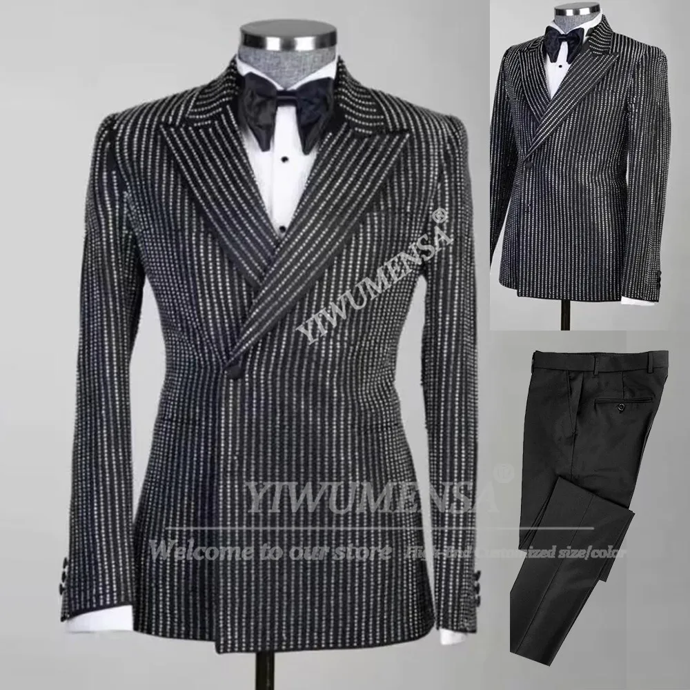 

Sparkling Beading Crytals Men's Suit Attire For Wedding Double Breasted Jacket Pants 2 Piece Banquet Groom Tuxedos Ropa Hombre