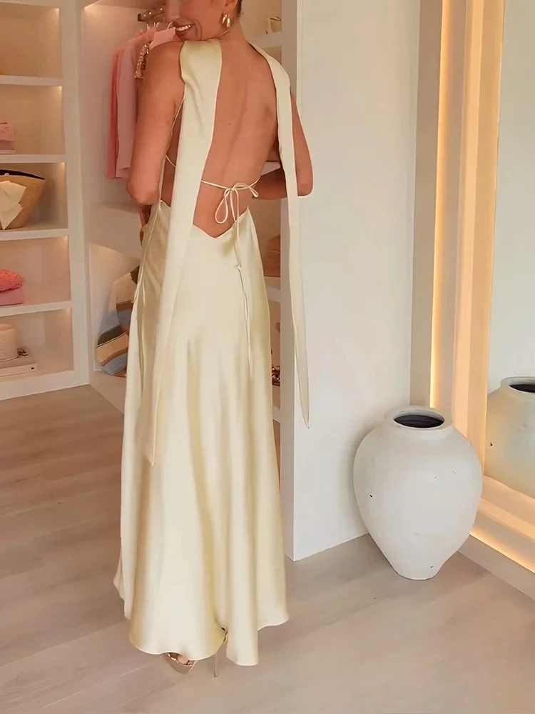 فستان نسائي أنيق مثير من KONDALA فستان كامي سادة بدون أكمام وشاح طويل بدون ظهر موضة 2025 فستان أنيق لربيع وصيف