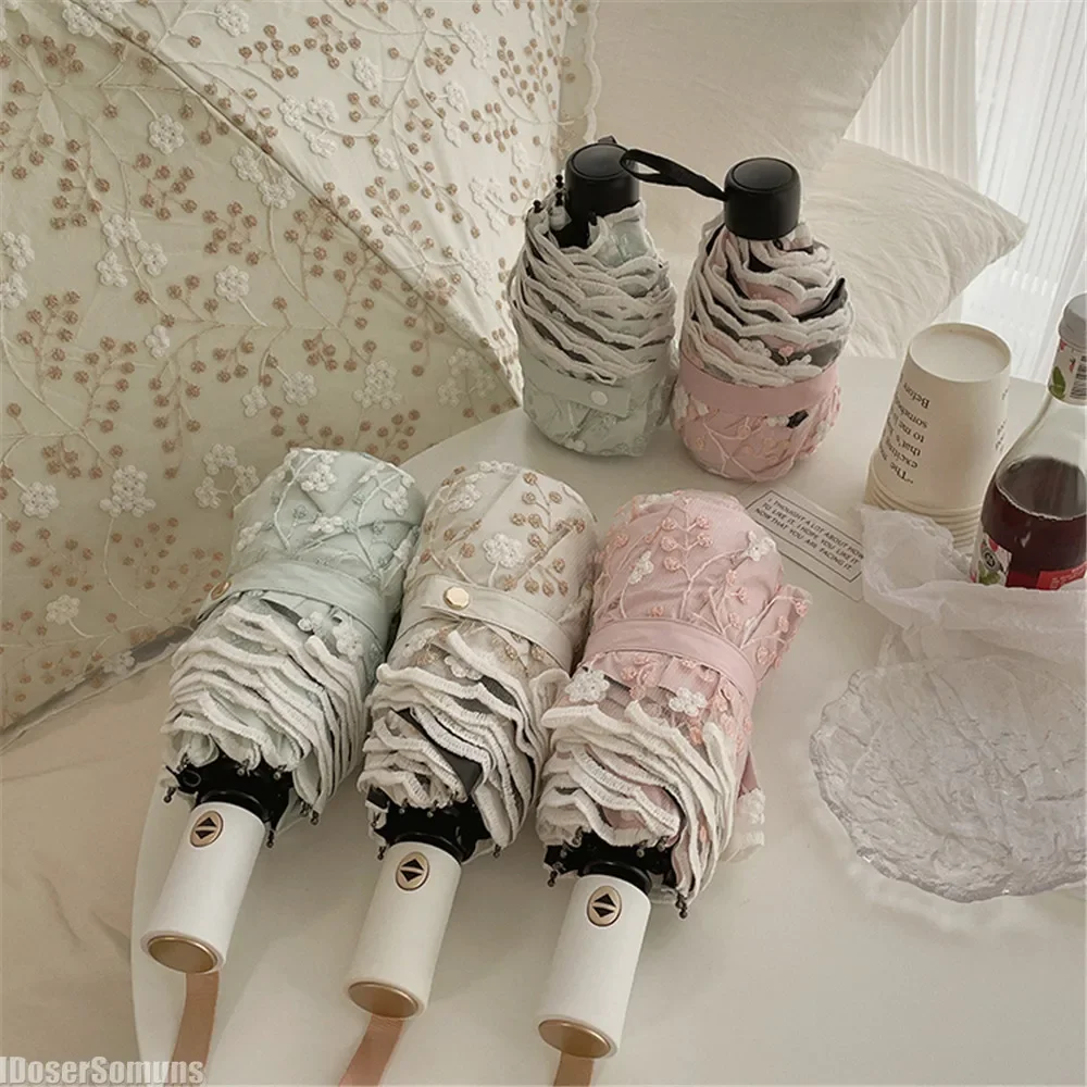 Light Luxury Automatic Umbrella with Bag 2 Layers Embroidery Lace Folding Umbrella Paraguas Sunshade for Women Girl Gift