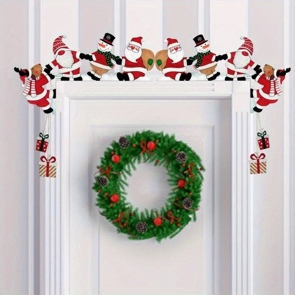 Christmas Door Frame Decoration Santa Snowman and Reindeer Door Topper with Gift Boxes for Holiday Home Wall Corner Ornament