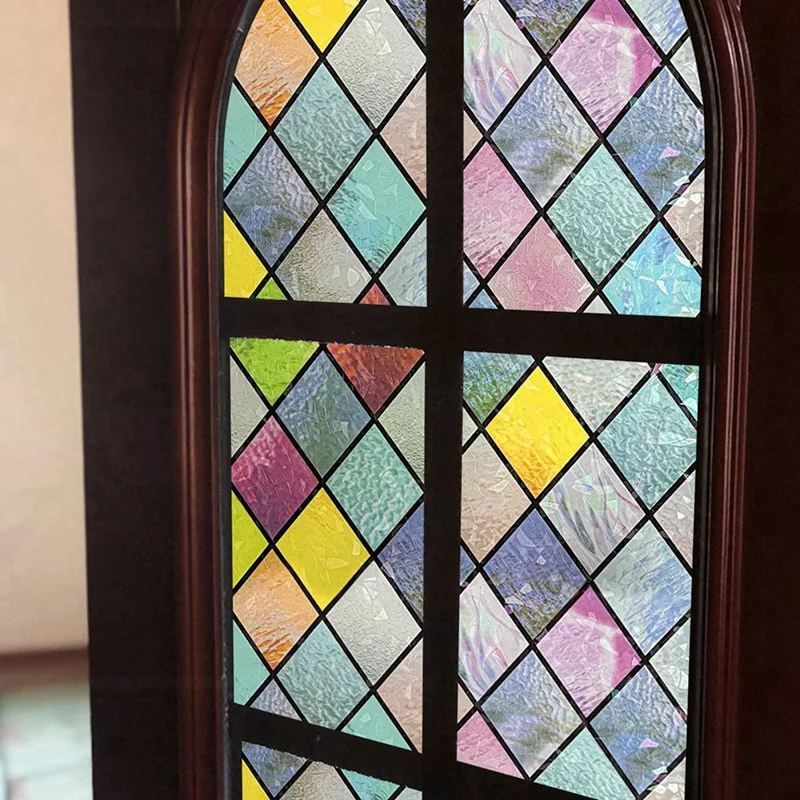 Privacy Window Film, Stained Glass Rainbow Window Tint, Glue Free 3D Decorative Window Stickers For Home, Office Durable 45Cm