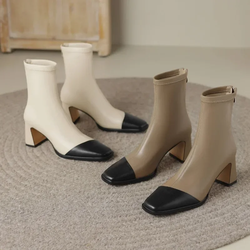 2023 New Style Sells Well  Leather Square Toe High Heels Fashion Modern  Boots All-match Mixed Color Maiden Elegant Ankle Boots