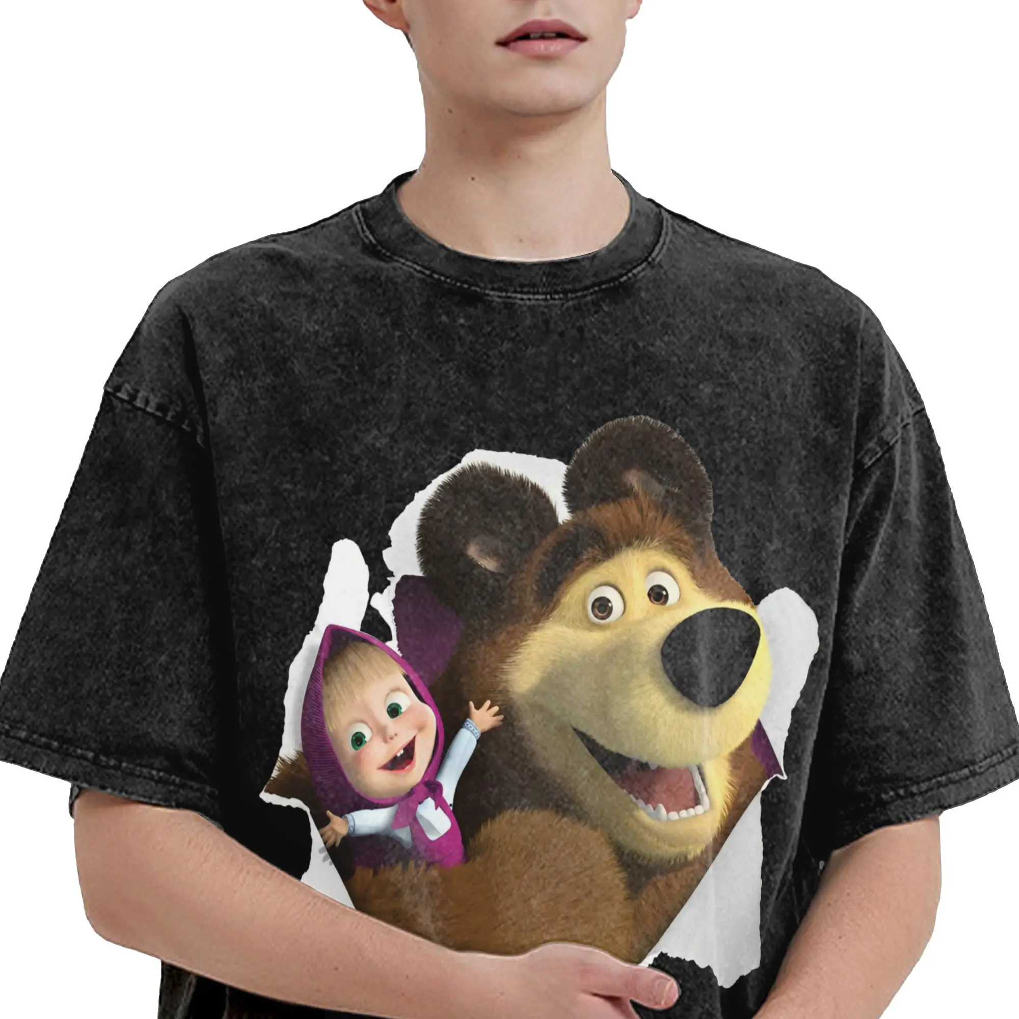 تي شيرت رجالي كارتون M-ماشا والدب مغسول تي شيرت الهيب هوب شاطئ تي شيرت Y2K مضحك فضفاض بلايز عادية فكرة هدية
