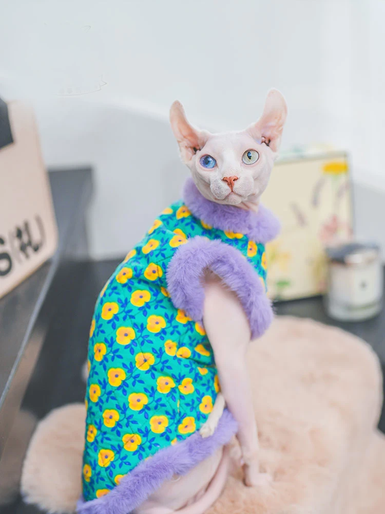 Plush Cheongsam Cotton Jacket Coat Suit for Sphynx Cat in Winter thick warm Sweater for Kittens Soft Lace Coat for Female Cat