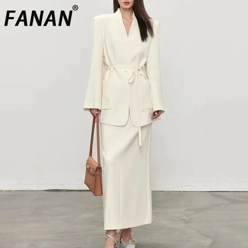 FANAN Women's 2 Piece Set Lace-up Gathered Waist Fit Blazers+high Waist A-line Mid-length Skirts Fashion Suits 2025 Spring New