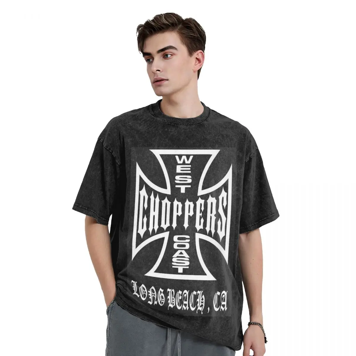 West Coast Iron Cross Choppers Washed T Shirts Harajuku Short Sleeve Hip Hop T-Shirt Streetwear Tops Tees for Men Women