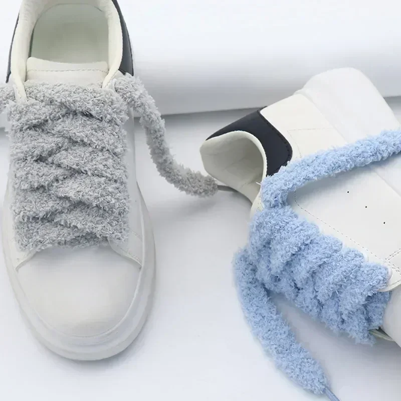 Trendy Coolstring 15mm Wide Flat Plush Towel Shoelaces Big Fat Fluffy Fuzzy Design Perfect for Women Casual Sneakers Lady Shoes