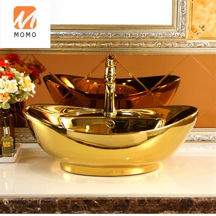 Wholesale art sink ceramic sanitary vanity luxury mosaic golden bathroom sink gold wash basin