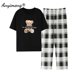 Cute Plus Size 2 Piece Set Women 4XL 5XL Summer Short Sleeve Long Pants Pajamas for Woman Cartoon Sleepwear Girl Cotton Pijamas