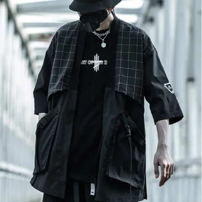 Stylish Men Taoist Robes Techwear Y2k Casual Grid Cardigan Short-sleeved Women Men Shirt Japanese Harajuku Streewear Clothes