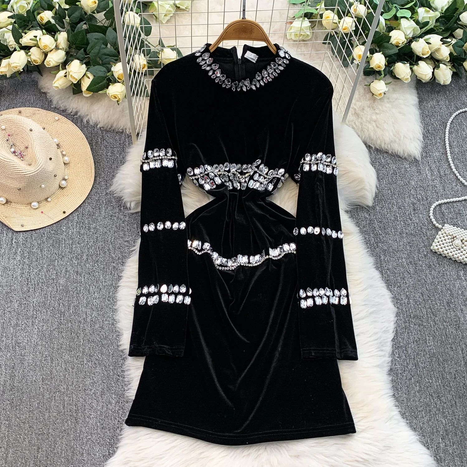 أنيقة خمر حجر الراين القطيفة طويلة الأكمام أنيقة الجنية الكورية أزياء الخريف فستان الشمس النساء الملابس #1